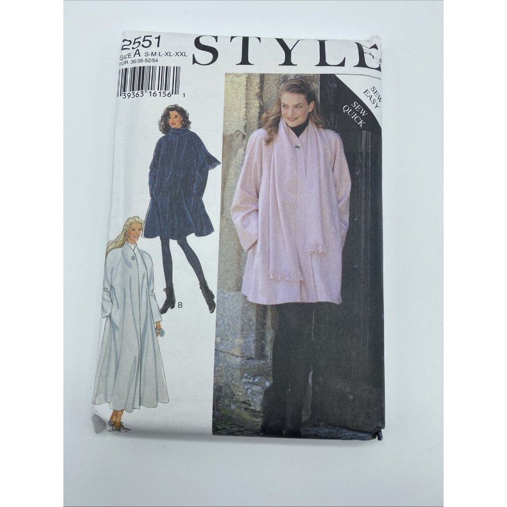 Style 2551 Women's Coat Scarf S M L XL XXL Sewing Pattern Uncut Factory Fold